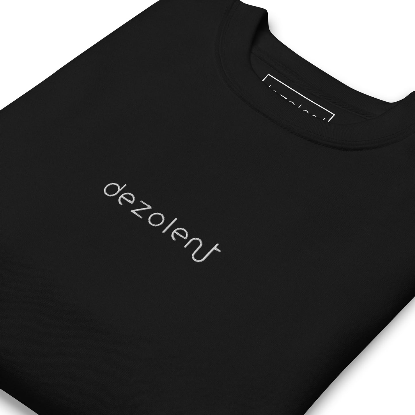 Dezolent Signature Black Crewneck Sweatshirt Zoomed In Embroidery