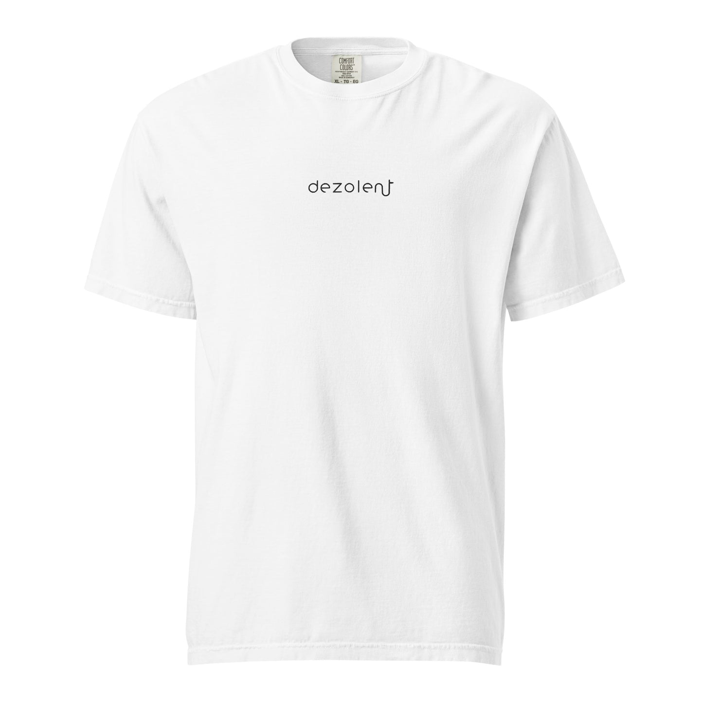 Dezolent Signature White Heavyweight Garment Dyed Comfort Colors Tee Shirt Front Mockup