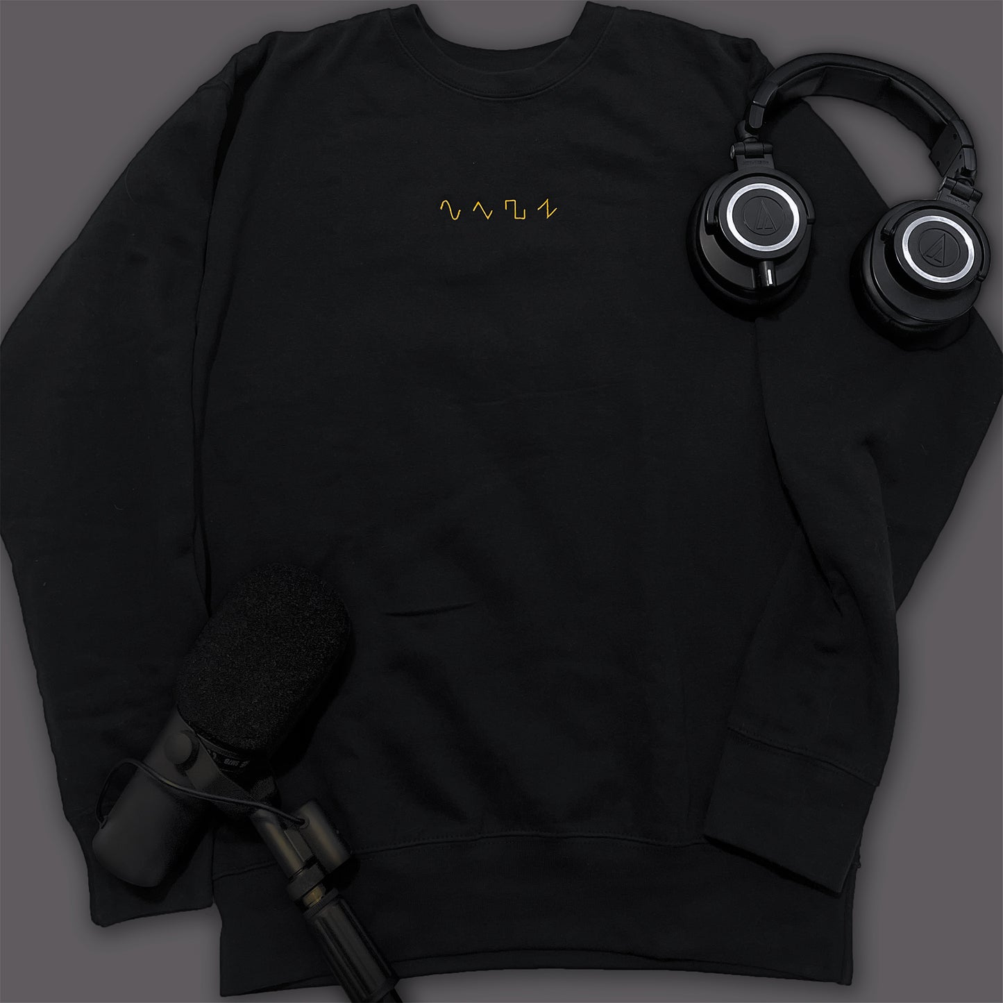 Basic Shapes Black Crewneck Sweatshirt by Dezolent with Audio-Technica Headphones and Shure SM7B Microphone: Sine Wave, Triangle Wave, Square Wave, Sawtooth Wave