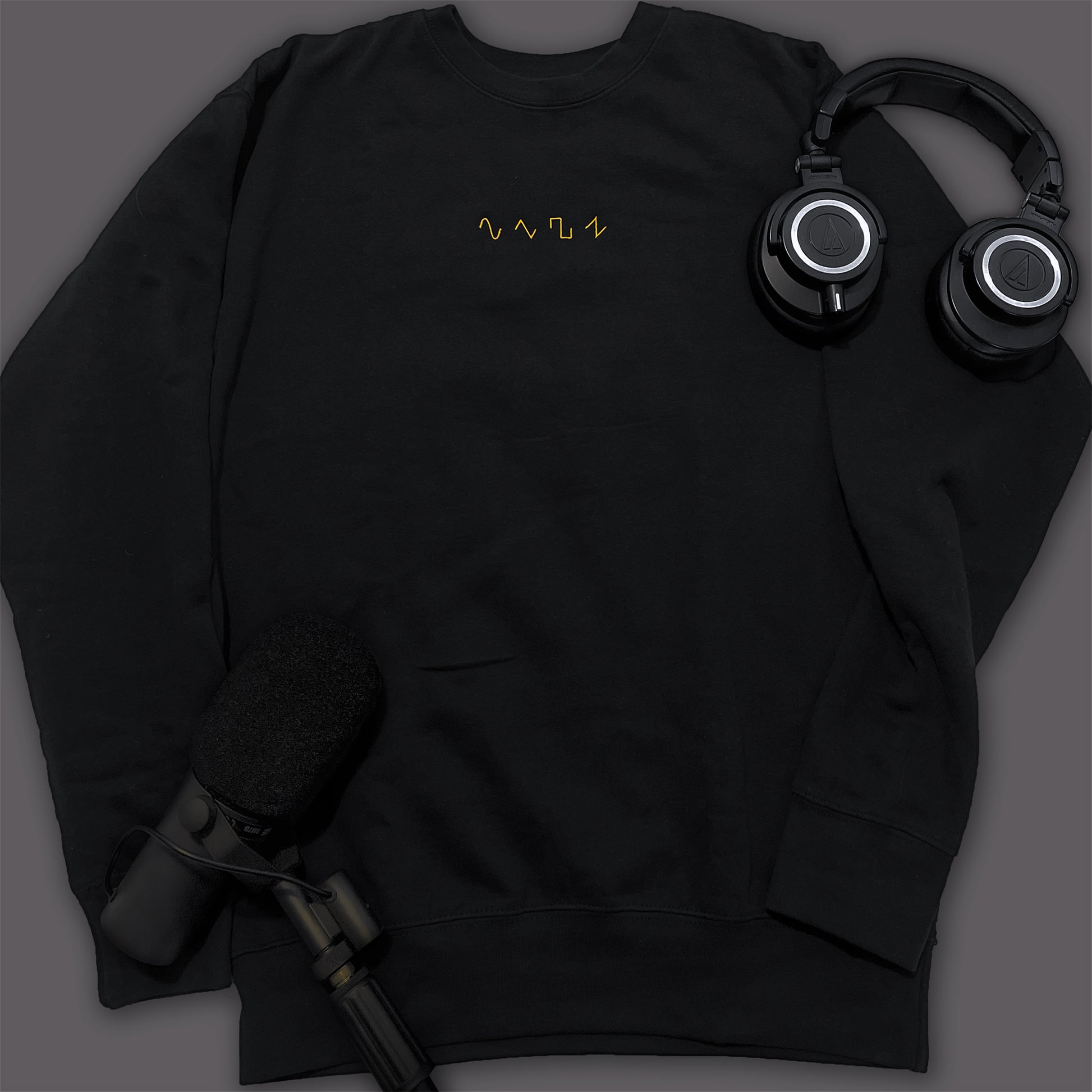 Basic Shapes Black Crewneck Sweatshirt by Dezolent with Audio-Technica Headphones and Shure SM7B Microphone: Sine Wave, Triangle Wave, Square Wave, Sawtooth Wave
