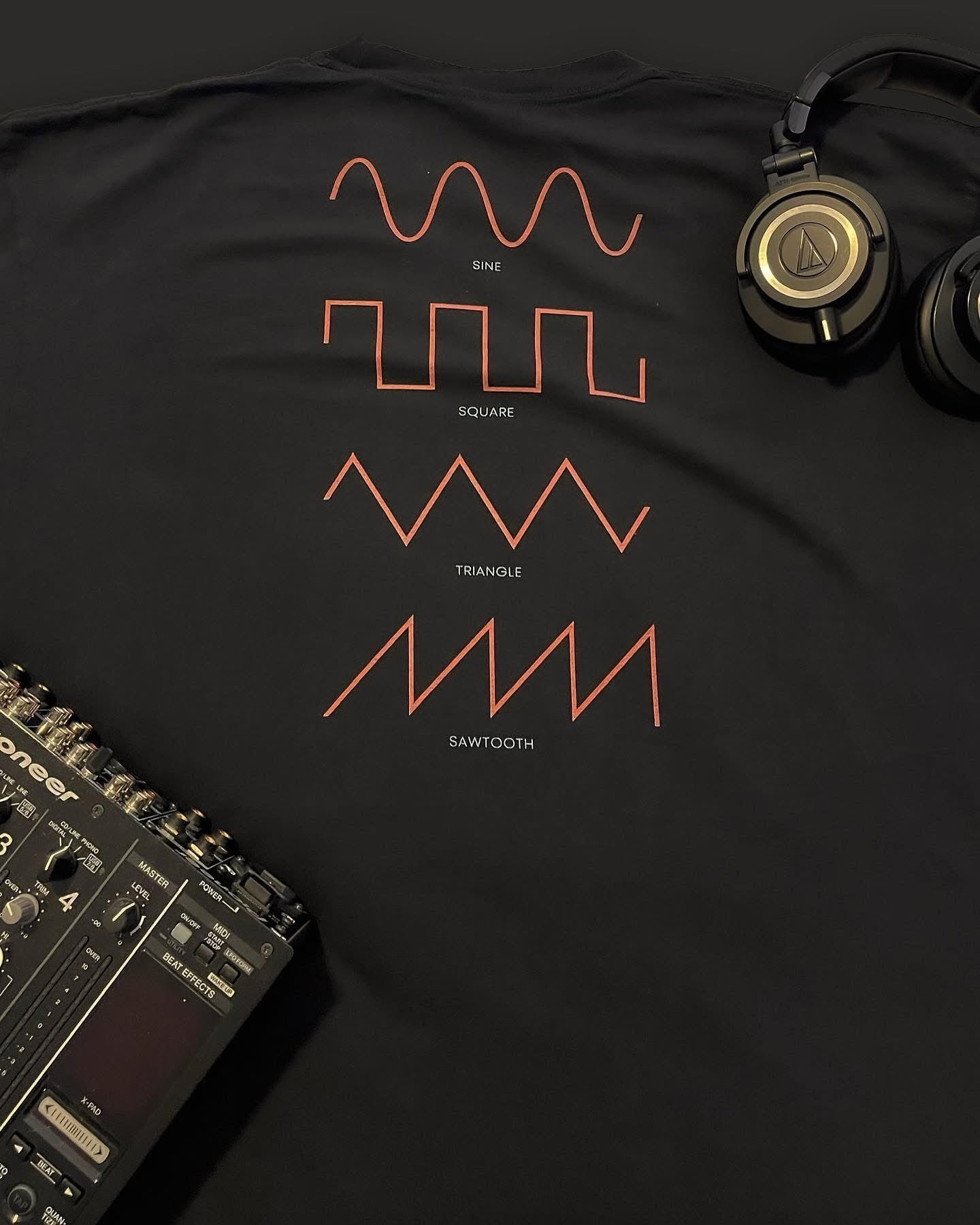 Dezolent Basic Black Comfort Colors Garment Dyed Heavyweight T-Shirt with Audio Technica Headphones: Sine Wave, Triangle Wave, Square Wave, Sawtooth Wave