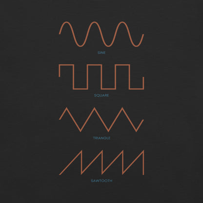 Dezolent Basic Black Comfort Colors Garment Dyed Heavyweight T-Shirt Closeup: Sine Wave, Triangle Wave, Square Wave, Sawtooth Wave
