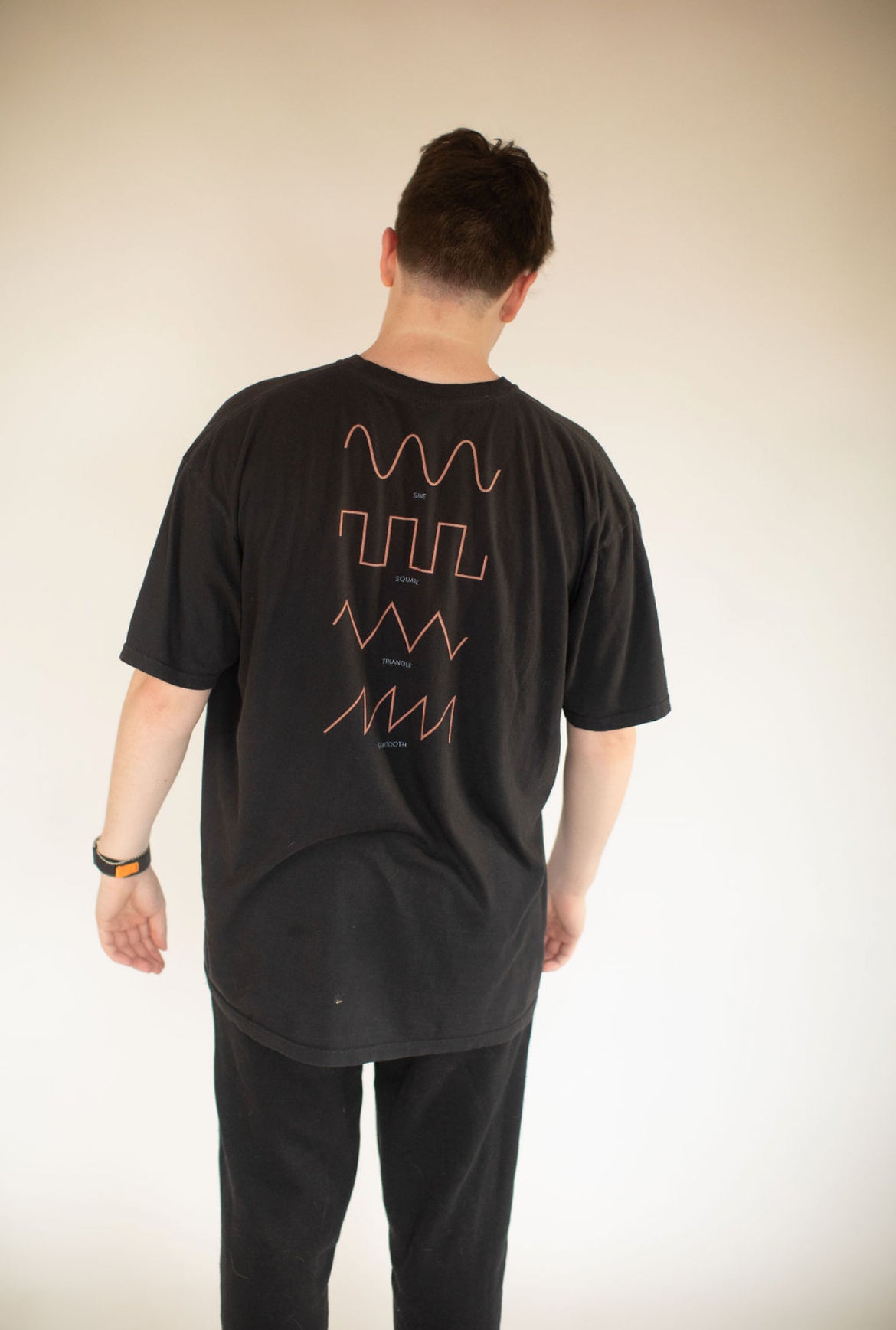 Dezolent Basic Black Comfort Colors Garment Dyed Heavyweight T-Shirt Back Model View: Sine Wave, Triangle Wave, Square Wave, Sawtooth Wave
