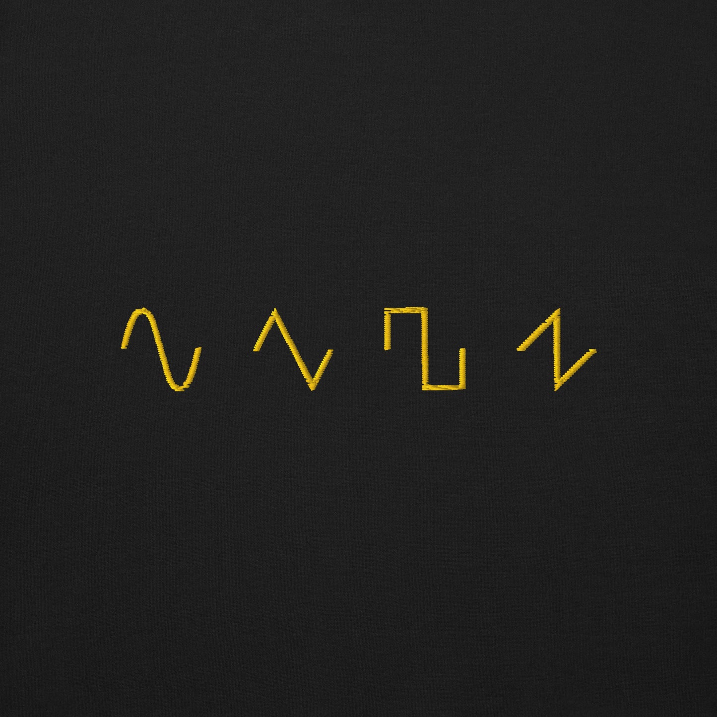 Basic Shapes Black Crewneck Sweatshirt by Dezolent Gold Embroidery Close Up: Sine Wave, Triangle Wave, Square Wave, Sawtooth Wave