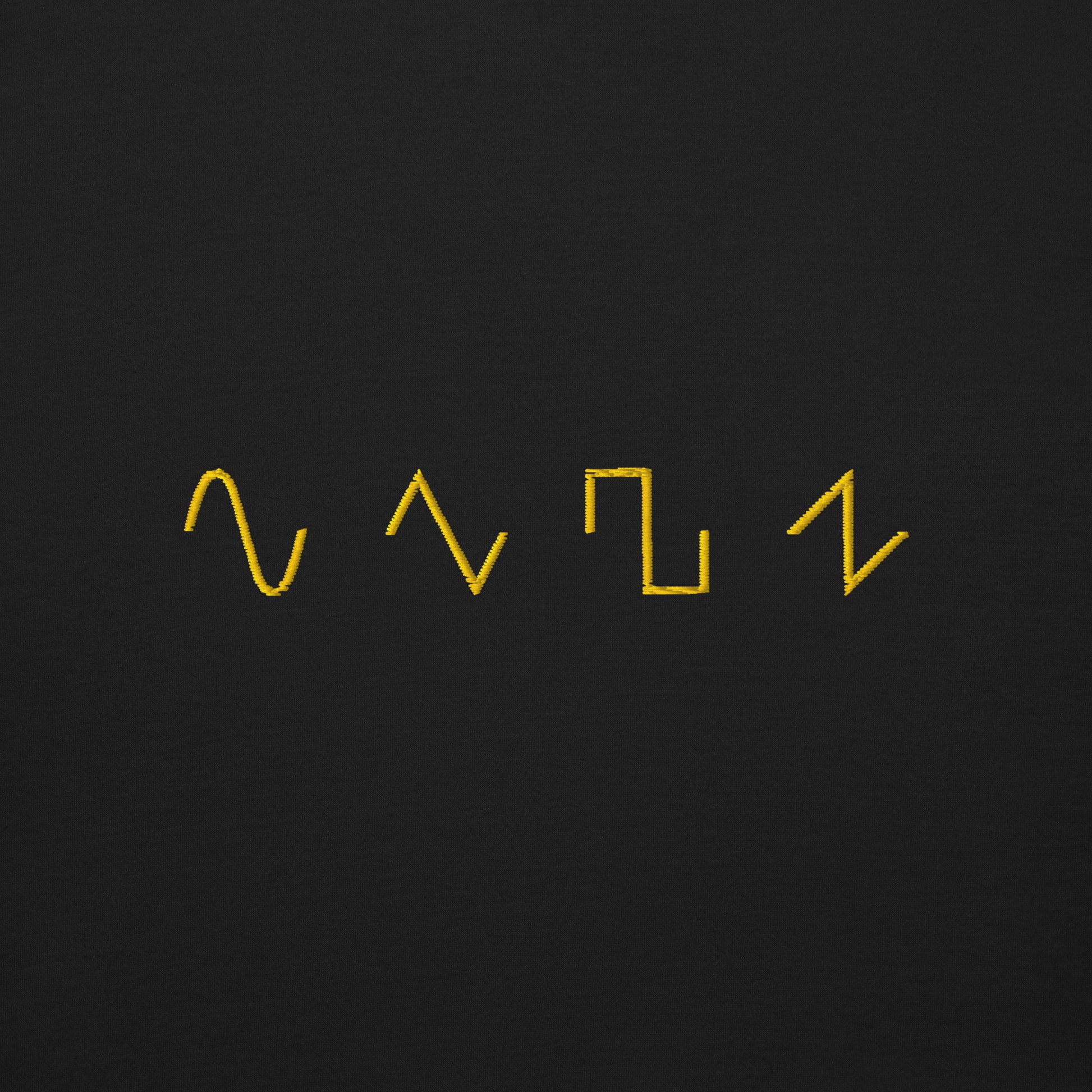 Basic Shapes Black Crewneck Sweatshirt by Dezolent Gold Embroidery Close Up: Sine Wave, Triangle Wave, Square Wave, Sawtooth Wave