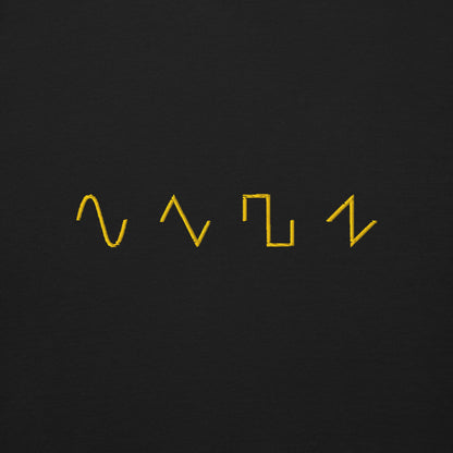 Basic Shapes Black Crewneck Sweatshirt by Dezolent Gold Embroidery Close Up: Sine Wave, Triangle Wave, Square Wave, Sawtooth Wave