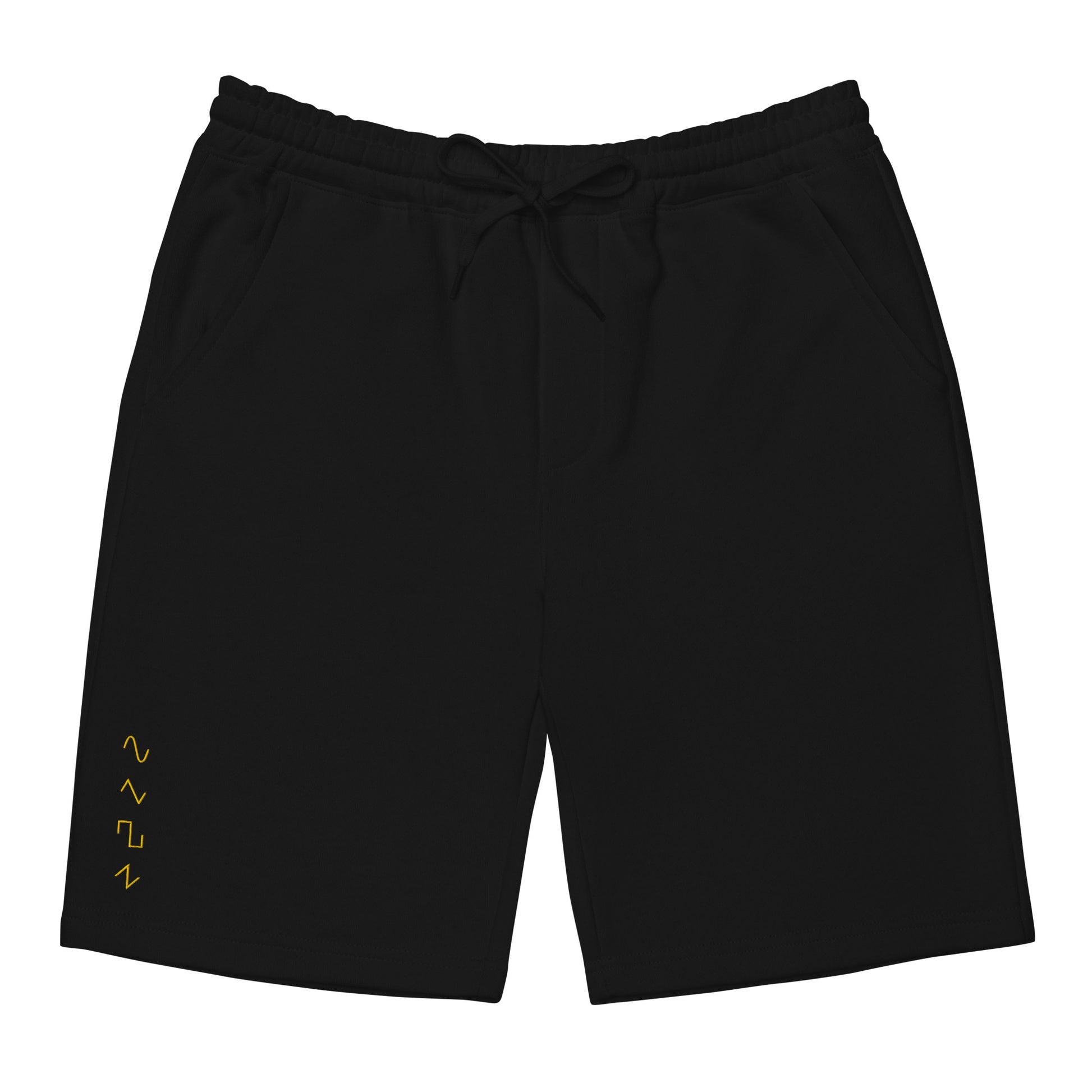Dezolent Basic Shapes Black Fleece Shorts Front Mockup: Sine Wave, Triangle Wave, Square Wave, Sawtooth Wave