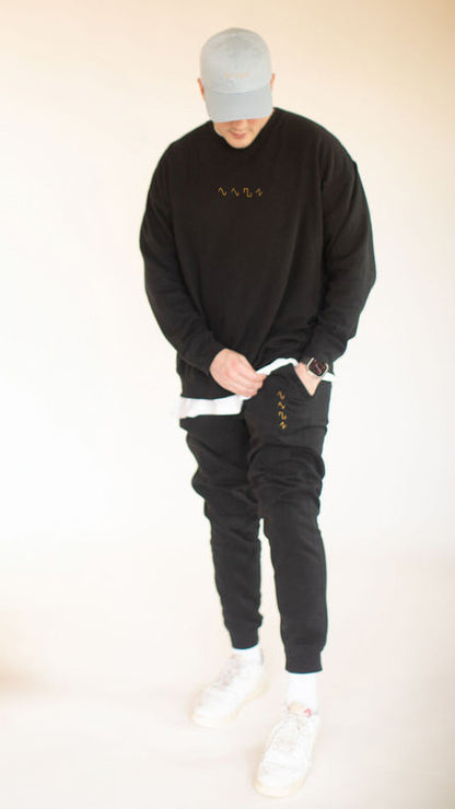 Dezolent Basic Shapes Black Jogger Sweatpants, Crewneck Sweatshirt, and Dad Hat Model Photo: Sine Wave, Triangle Wave, Square Wave, Sawtooth Wave