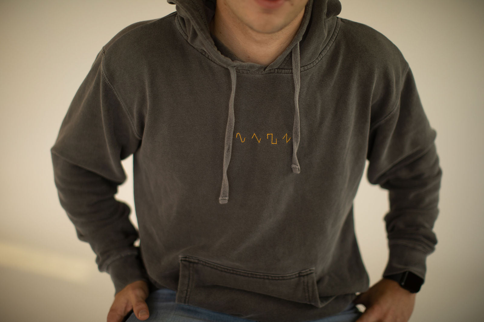 Dezolent Basic Shapes Black Pigment Dyed Hoodie Embroidery Model Close Up: Sine wave, Triange Wave, Square Wave, Sawtooth Wave