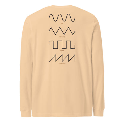 Dezolent Basic Shapes Creme Sand Dune Long Sleeve T-Shirt Back Mockup: Sine Wave, Triangle Wave, Square Wave, Sawtooth Wave