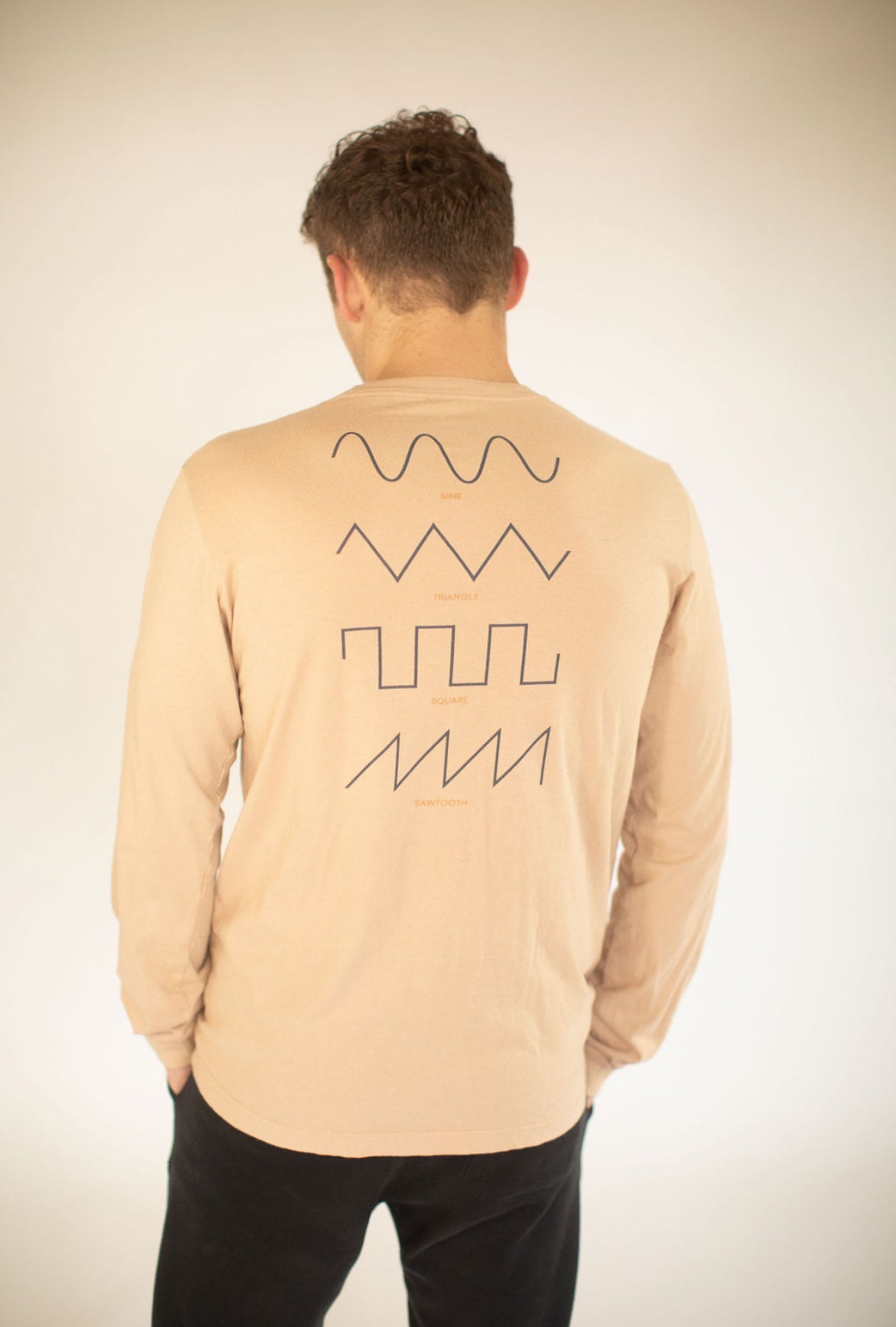 Dezolent Basic Shapes Creme Sand Dune Long Sleeve T-Shirt Back Model Photo: Sine Wave, Triangle Wave, Square Wave, Sawtooth Wave
