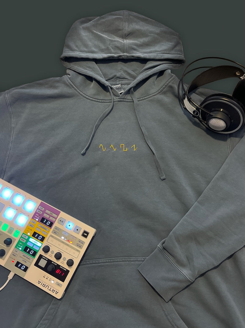 Dezolent Basic Shapes Slate Blue Pigment Dyed Hoodie with Headphones and Arturia Midi Controller: Sine Wave, Triangle Wave, Square Wave, Sawtooth Wave