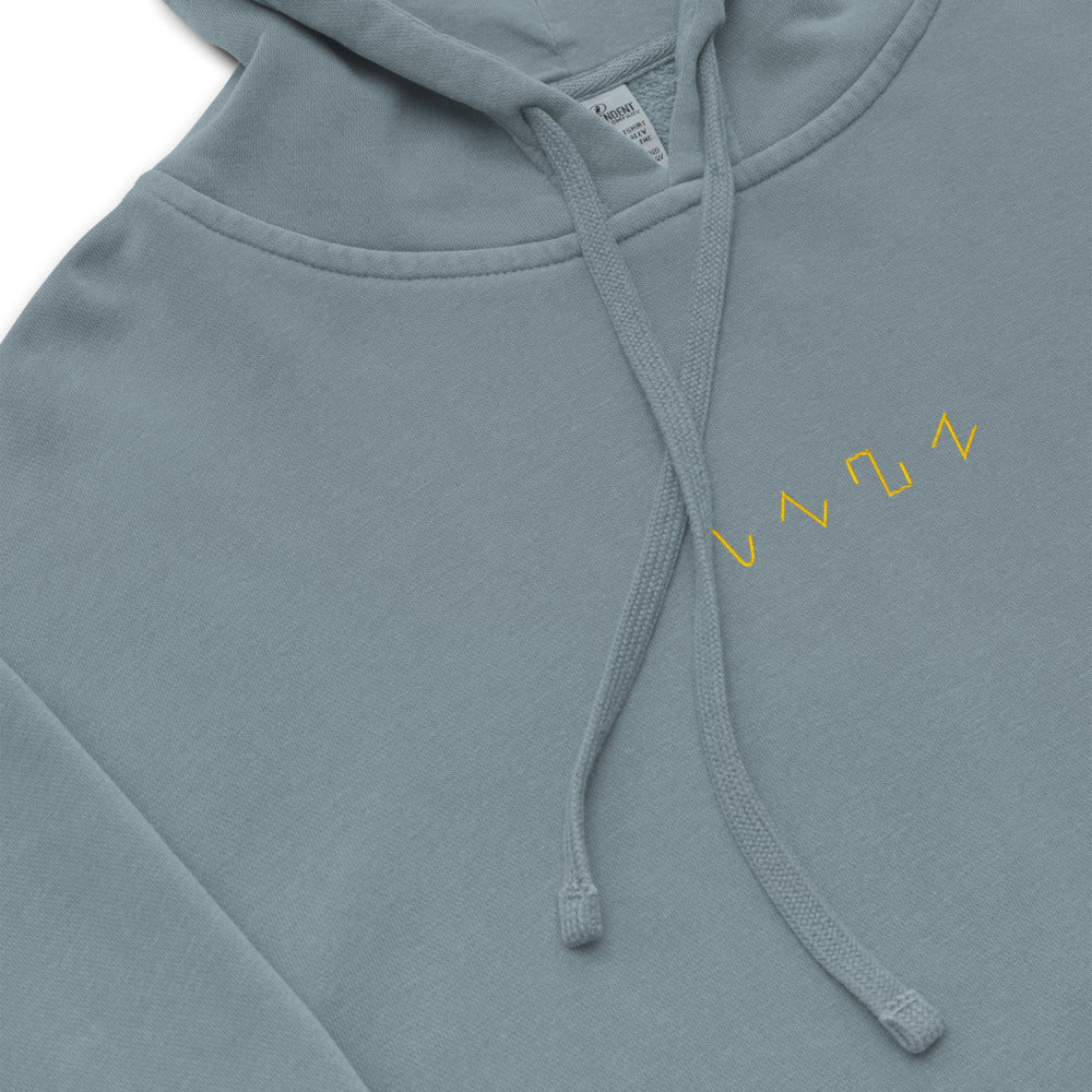 Dezolent Basic Shapes Slate Blue Pigment Dyed Hoodie Embroidery Close Up Mockup: Sine Wave, Triangle Wave, Square Wave, Sawtooth Wave