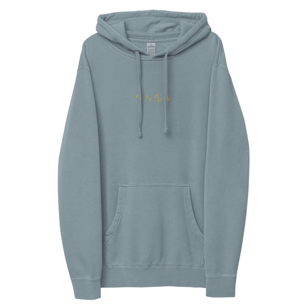 Dezolent Basic Shapes Slate Blue Pigment Dyed Hoodie Front View: Sine Wave, Triangle Wave, Square Wave, Sawtooth Wave