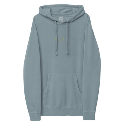 Dezolent Basic Shapes Slate Blue Pigment Dyed Hoodie Front View: Sine Wave, Triangle Wave, Square Wave, Sawtooth Wave