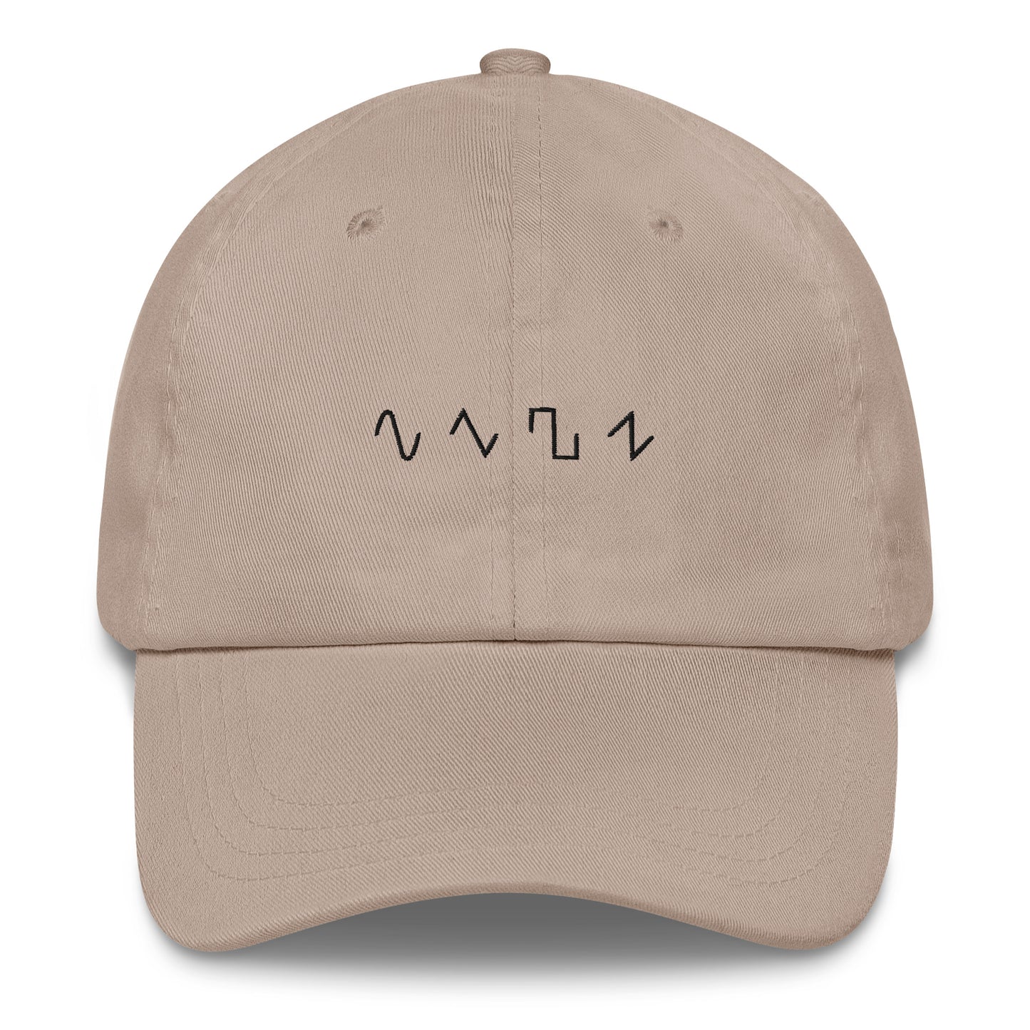 Dezolent Basic Shapes Tan Khaki Dad Hat Front Mockup: Sine Wave, Triangle Wave, Square Wave, Sawtooth Wave