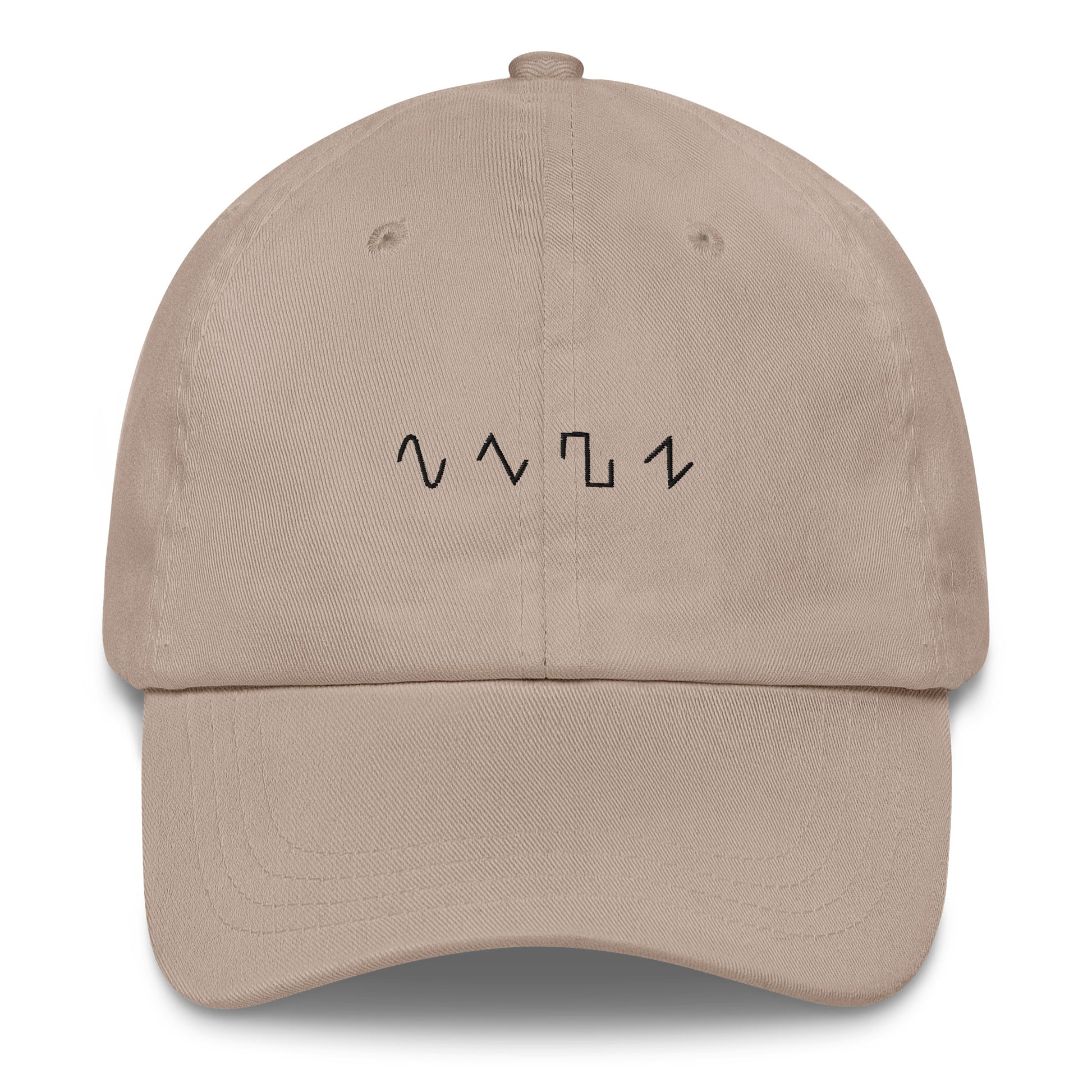 Dezolent Basic Shapes Tan Khaki Dad Hat Front Mockup: Sine Wave, Triangle Wave, Square Wave, Sawtooth Wave