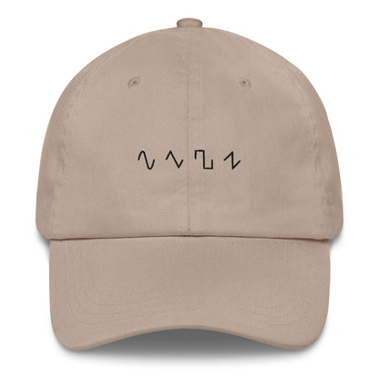 Dezolent Basic Shapes Tan Khaki Dad Hat Front Mockup: Sine Wave, Triangle Wave, Square Wave, Sawtooth Wave