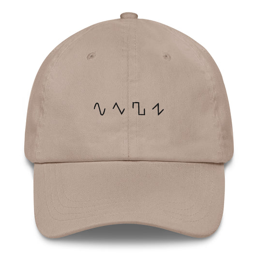 Dezolent Basic Shapes Tan Khaki Dad Hat Front Mockup: Sine Wave, Triangle Wave, Square Wave, Sawtooth Wave