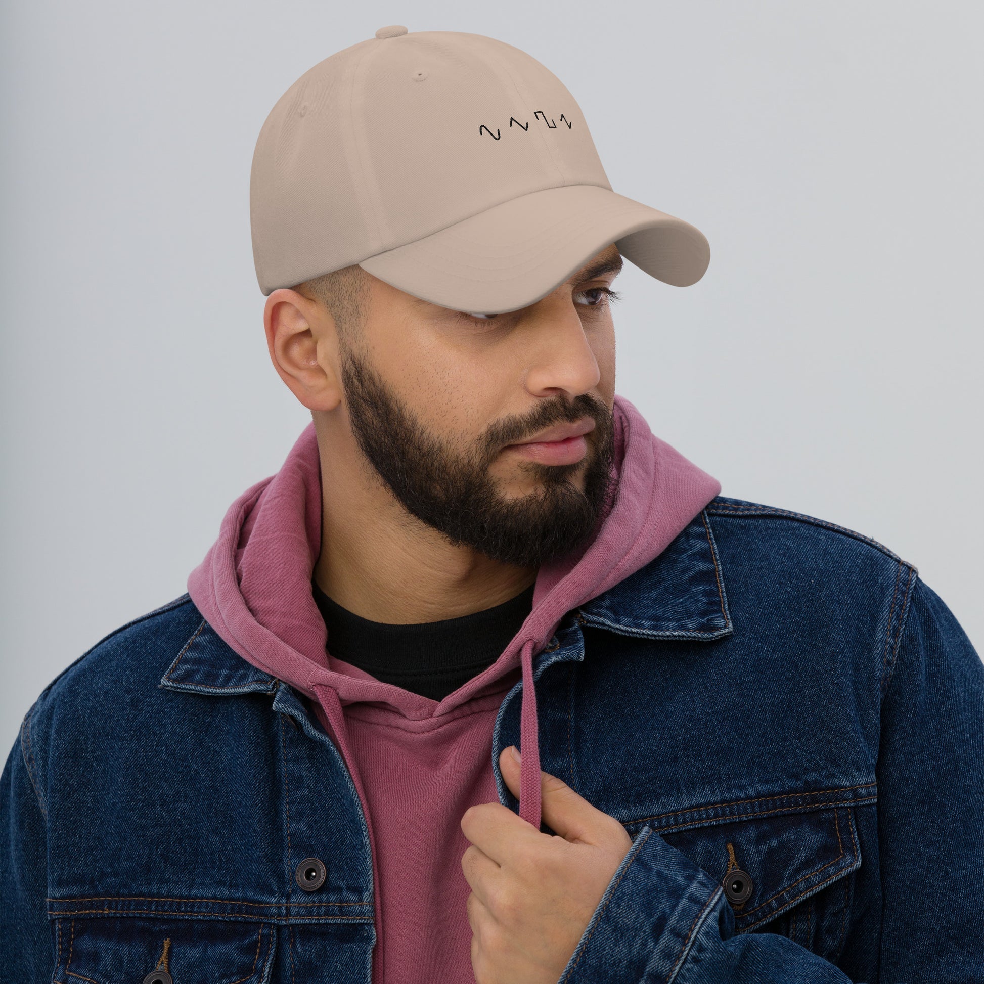 Dezolent Basic Shapes Tan Khaki Dad Hat Model Mockup: Sine Wave, Triangle Wave, Square Wave, Sawtooth Wave