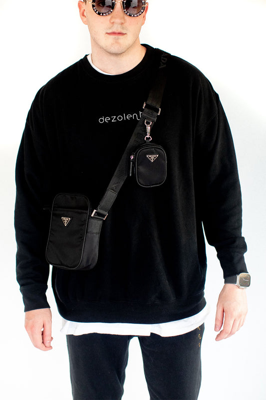 Model Wearing the Dezolent Signature Black Crewneck Sweatshirt and Basic Shapes Joggers